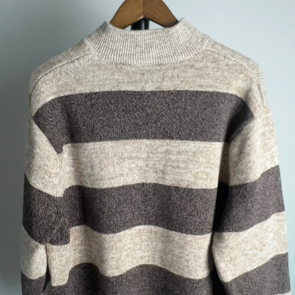 Chaps Mens XXL Brown Tan Striped 1/4 Zip Cotton Knit Mock Neck Sweater Pullover